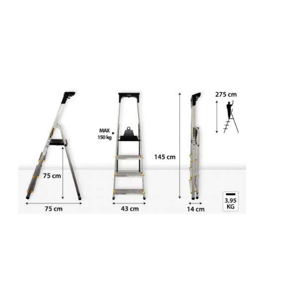 Majapidamisredel DRABEST ALD4 PRO 150 kg, ühepoolne riiuliga, 4 astet (DR-AL-D4-PRO-Ż+CZ+P) 1 Majapidamisredel DRABEST ALD4 PRO 150 kg, ühepoolne riiuliga, 4 astet (DR-AL-D4-PRO-Ż+CZ+P) 1