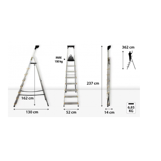 Majapidamisredel DRABEST ALD8 PRO 150 kg, ühepoolne riiuliga, 8 astet (DR-AL-D8-PRO-Ż+CZ+P ) 1 Majapidamisredel DRABEST ALD8 PRO 150 kg, ühepoolne riiuliga, 8 astet (DR-AL-D8-PRO-Ż+CZ+P ) 1