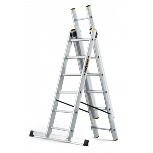 DRABEST PRO aliuminio kopėčios 3 dalių, 3x6 pakopos, 150 kg