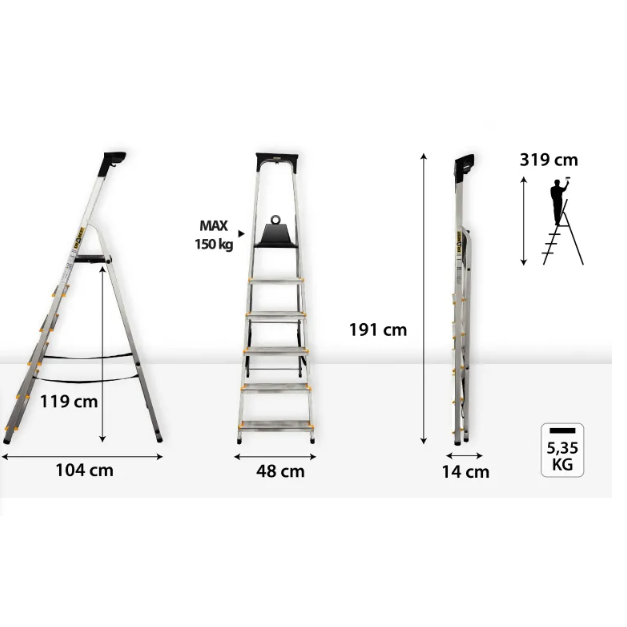 DRABEST PRO alumiiniumredel riiuliga, 6 astet, 150 kg 1 DRABEST PRO alumiiniumredel riiuliga, 6 astet, 150 kg 1