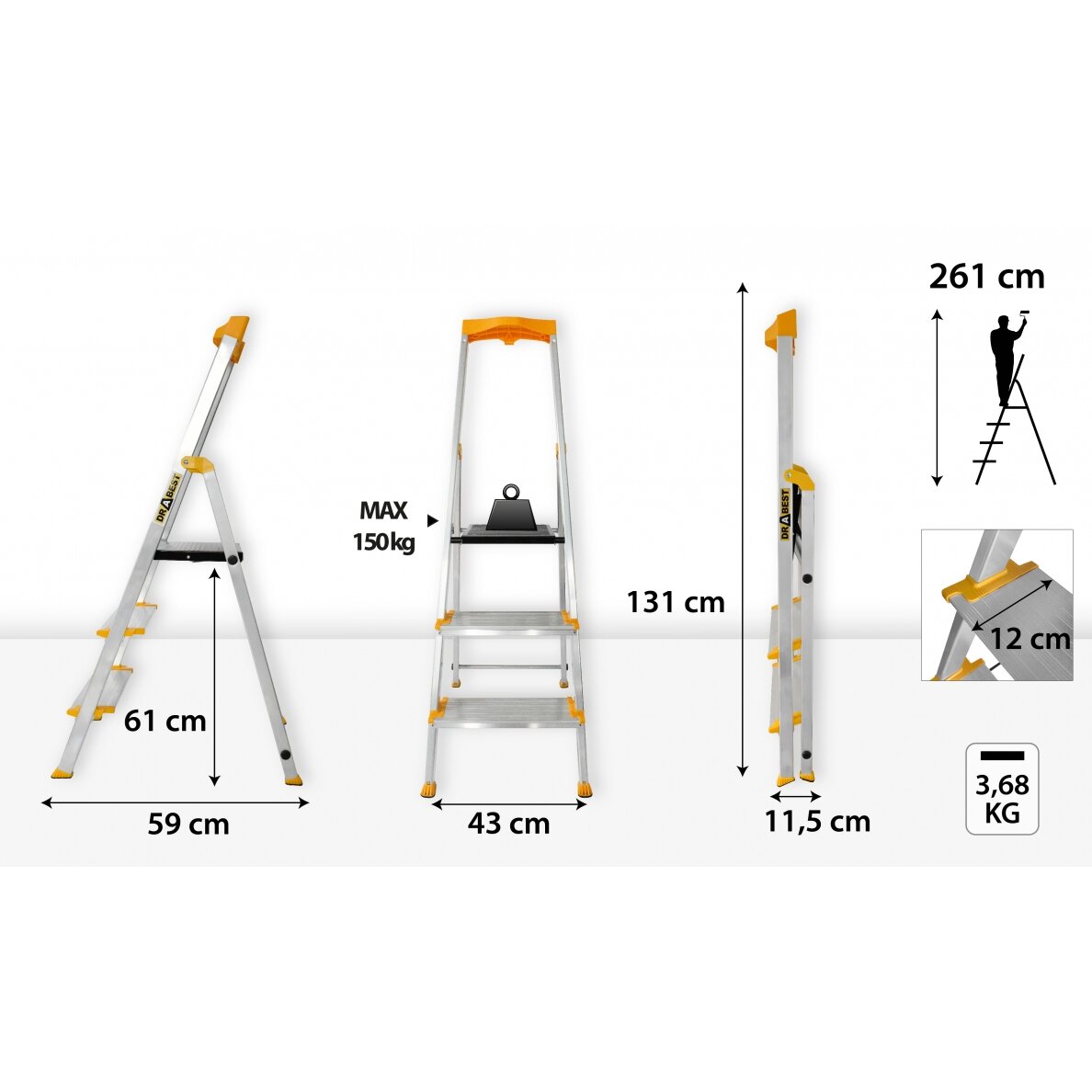 Vienpusės aliuminio kopėčios Drabest MAX, 3 laipteliai, 150 kg 1 Vienpusės aliuminio kopėčios Drabest MAX, 3 laipteliai, 150 kg 1