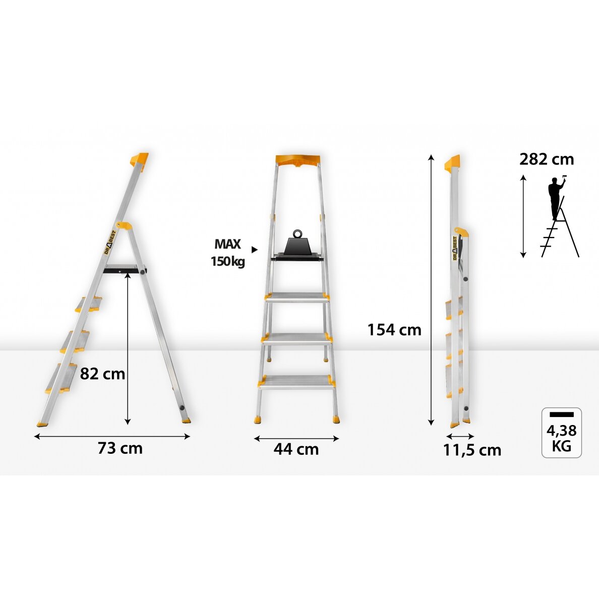Vienpusės aliuminio kopėčios Drabest MAX, 4 laipteliai, 150 kg 5 Vienpusės aliuminio kopėčios Drabest MAX, 4 laipteliai, 150 kg 5