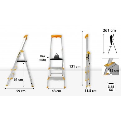 Vienpusės aliuminio kopėčios Drabest MAX, 3 laipteliai, 150 kg 1